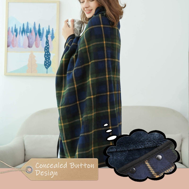 XING YE CHUAN Fleece Wearable Blanket, Comfy Poncho Throw with Buttons, Plush Sleeveless Blankets, for Women Cape Wrap Cover for Lightweight Microfiber Plaid Design (Green) - Image 2